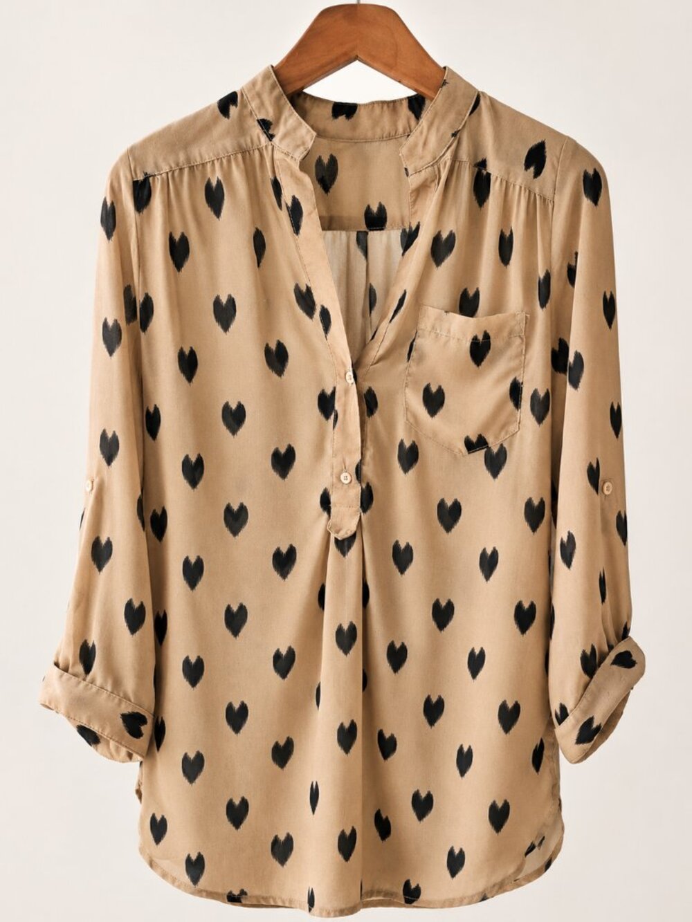 Fun2Fun Beige Heart Print Button Blouse Size Small